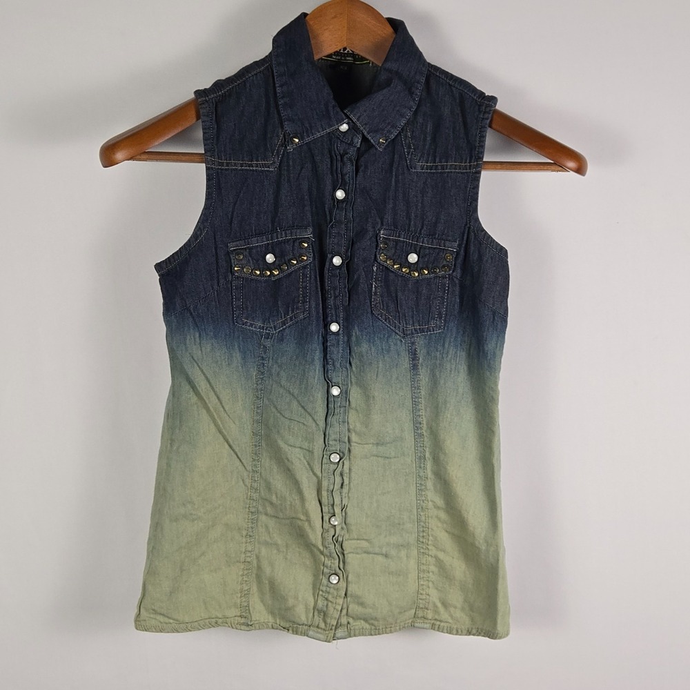 MMXIII Women Denim Vest XS Ombre Studded Sleeveless Button Up Blue Green Western